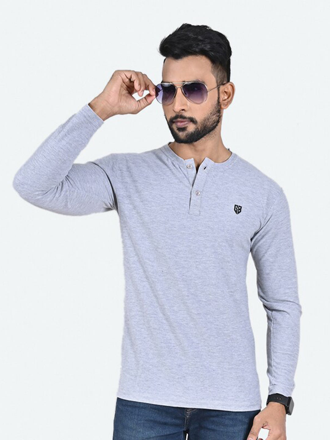 

GAME BEGINS Henley Neck Pure Cotton T-shirt, Grey