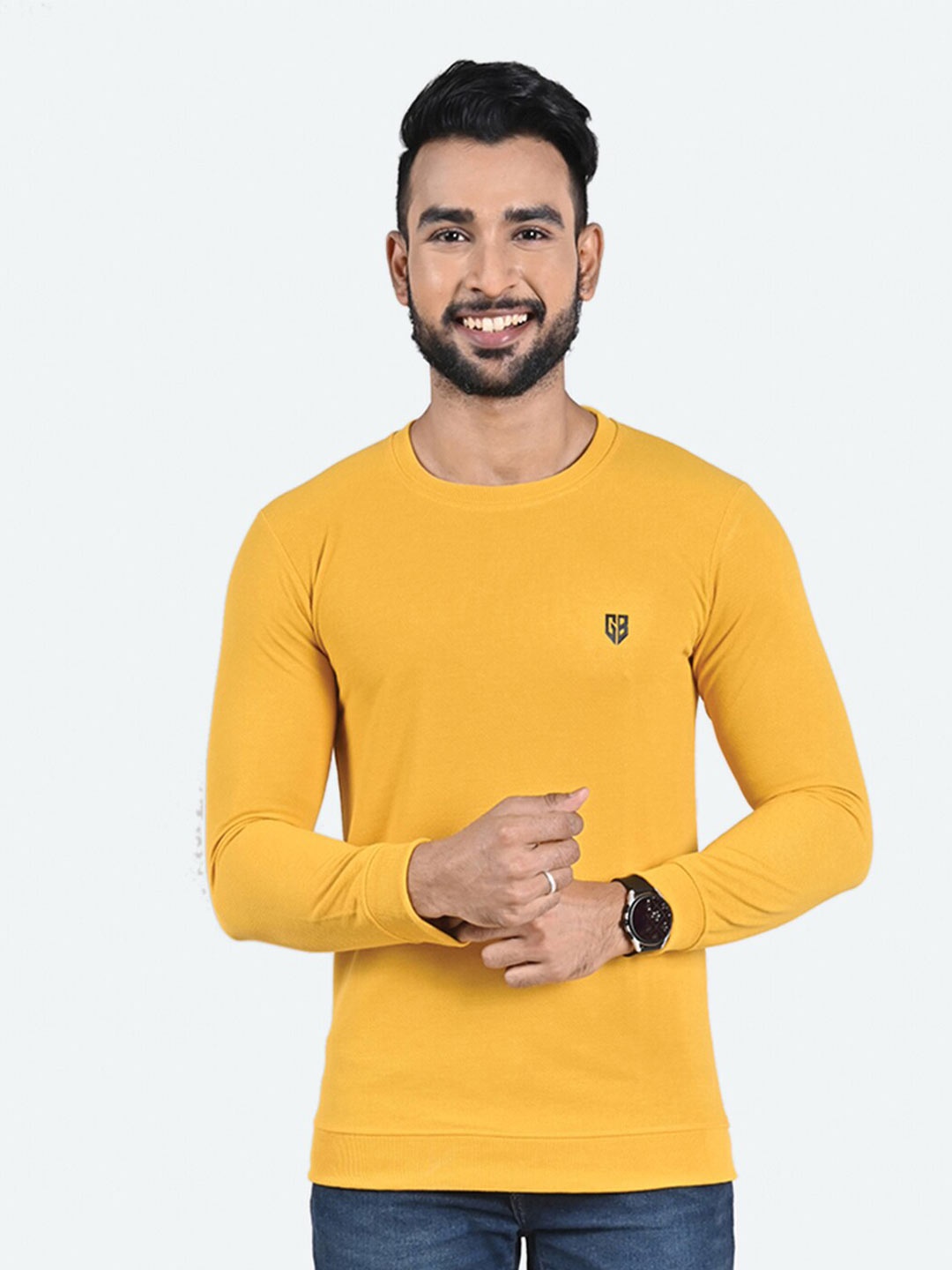 

GAME BEGINS Round Neck Jacquard Pullover Sweatshirt, Yellow