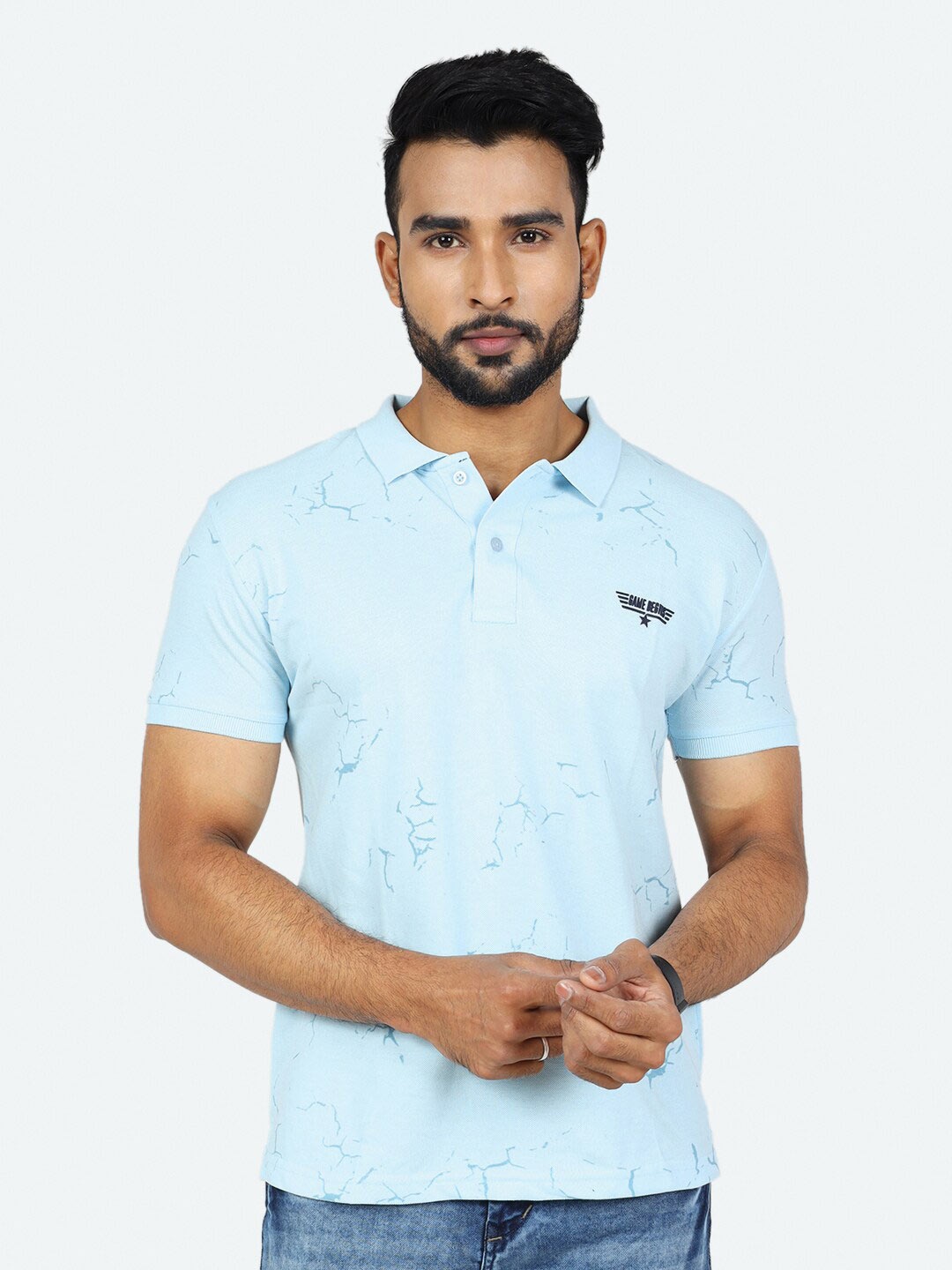 

GAME BEGINS Abstract Printed Polo Collar Pure Cotton T-shirt, Blue