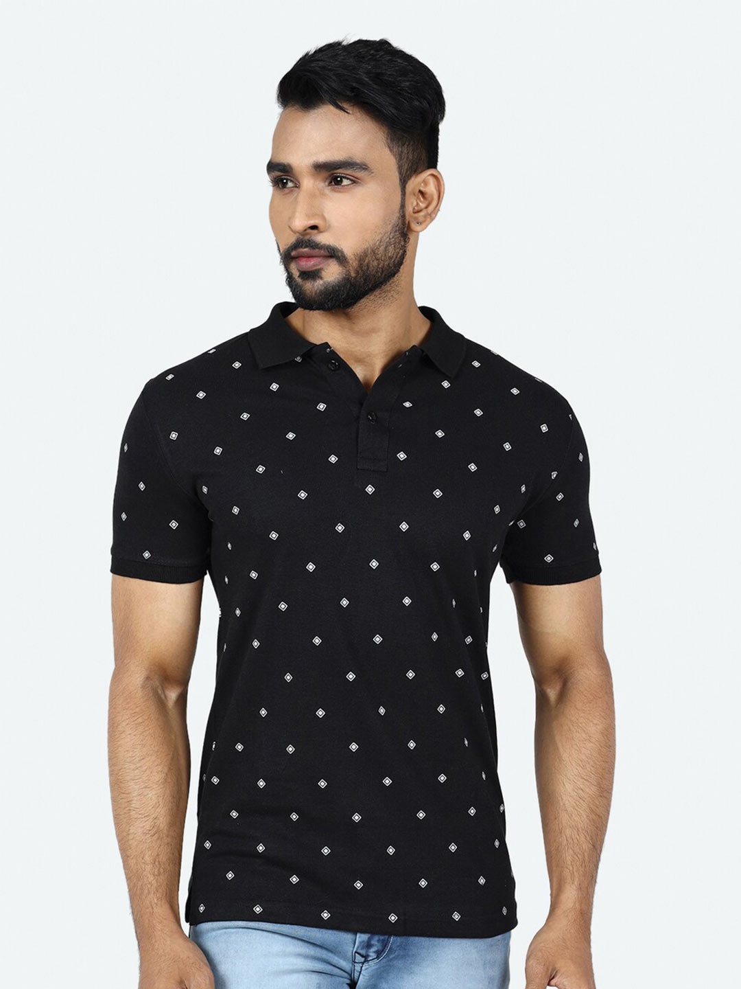 

GAME BEGINS Geometric Printed Polo Collar Pure Cotton T-shirt, Navy blue