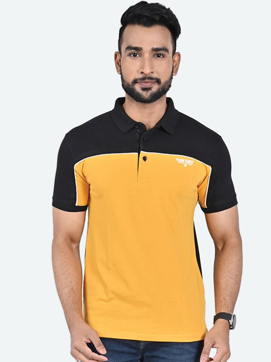 

GAME BEGINS Colourblocked Polo Collar Pure Cotton T-shirt, Yellow