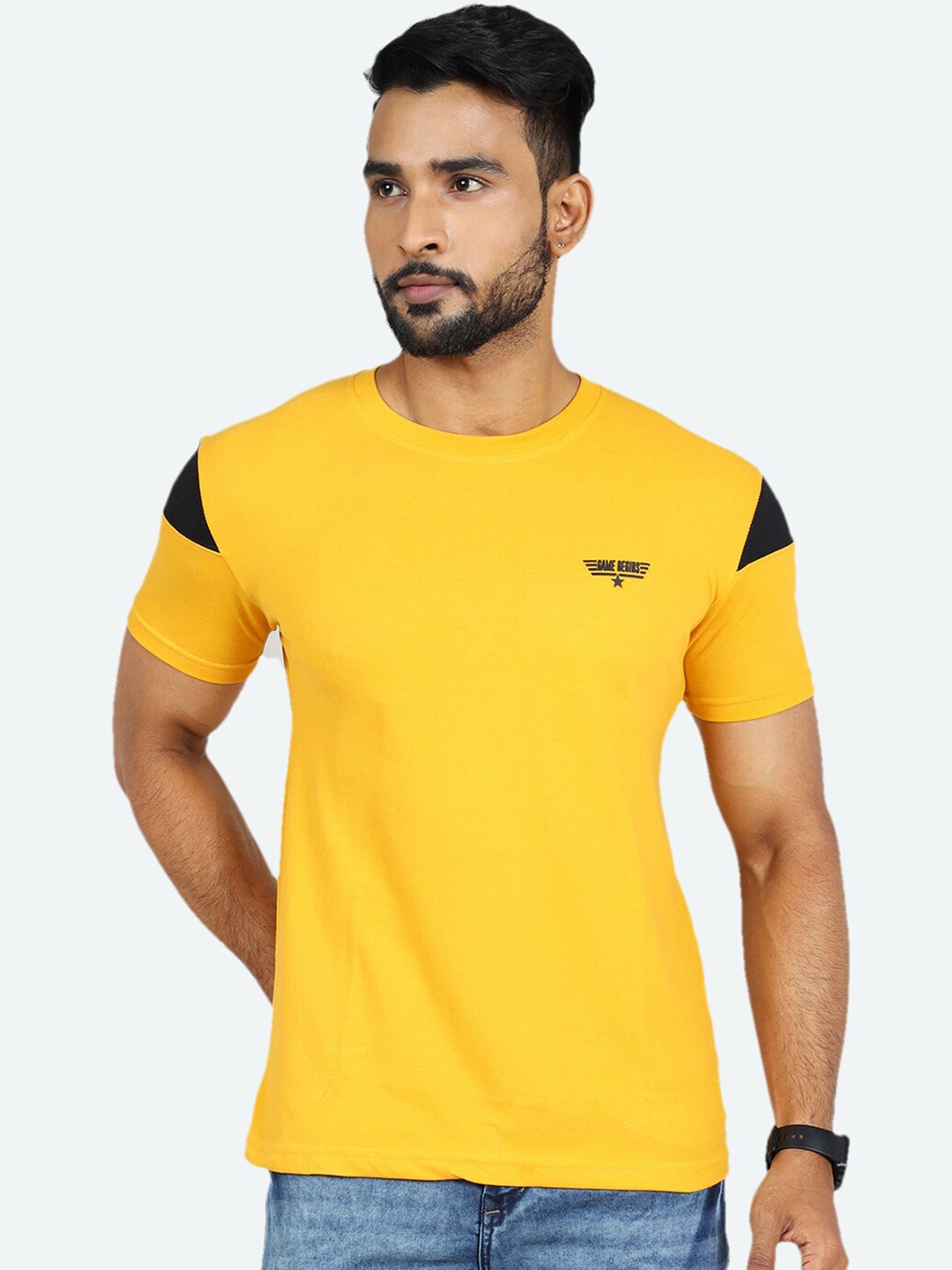 

GAME BEGINS Round Neck Pure Cotton T-shirt, Yellow