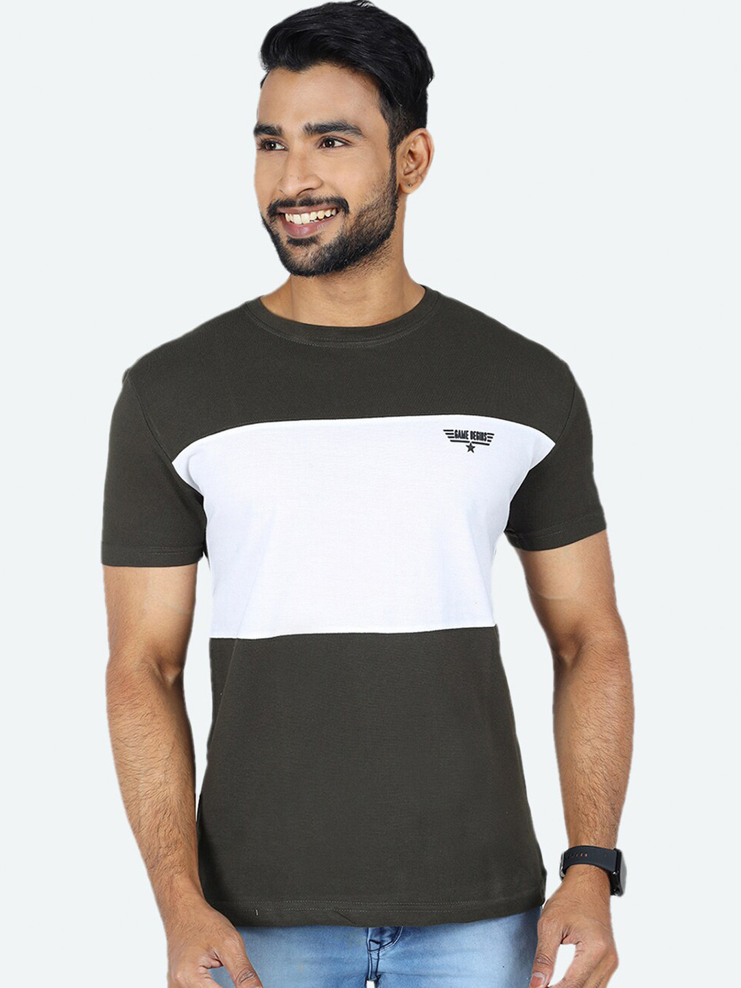 

GAME BEGINS Colourblocked Pure Cotton T-shirt, Green