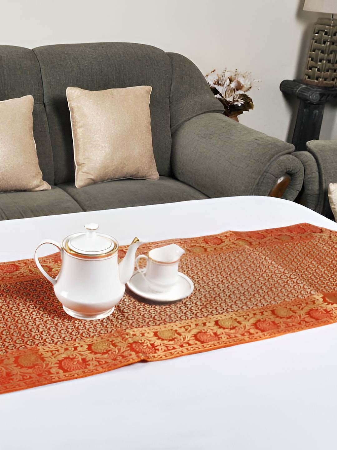 

Lal Haveli Orange & Gold Floral Printed Soft Table Runner