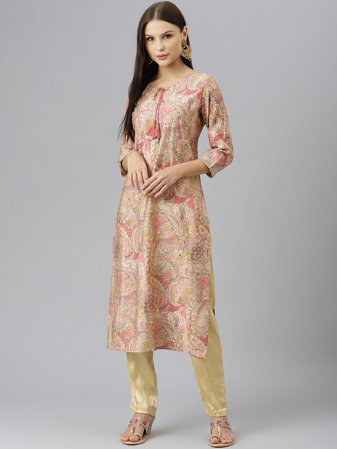

KALINI Ethnic Motifs Printed Tie-Up Neck Sequinned Kurta, Peach