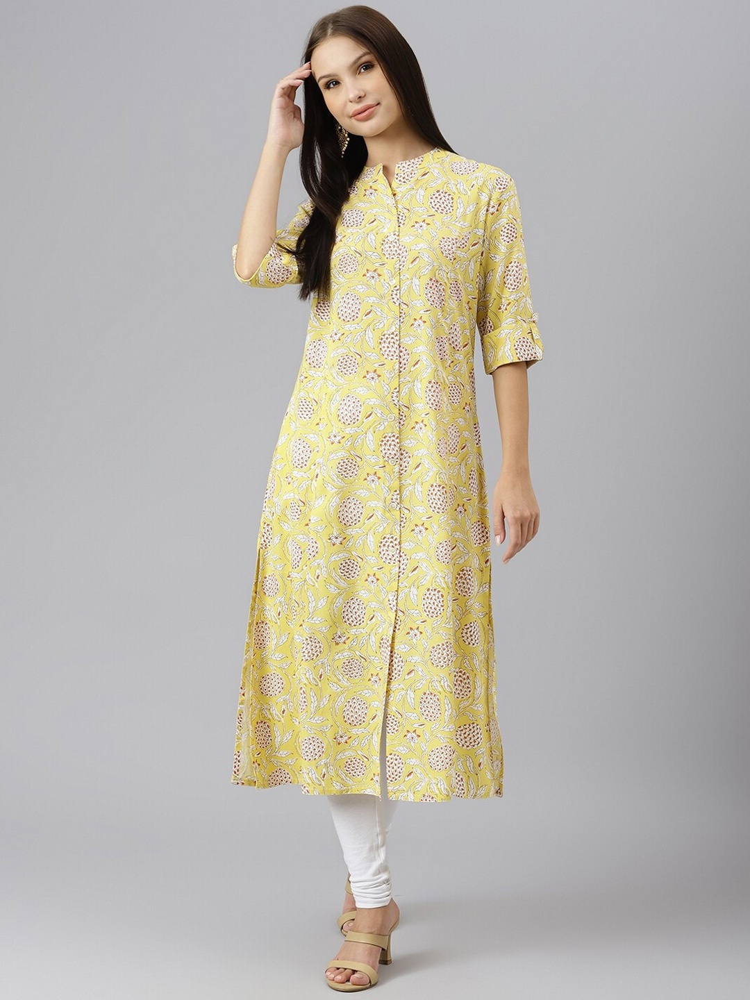 

KALINI Floral Printed Mandarin Collar Roll-Up Sleeves Pure Cotton Kurta, Yellow