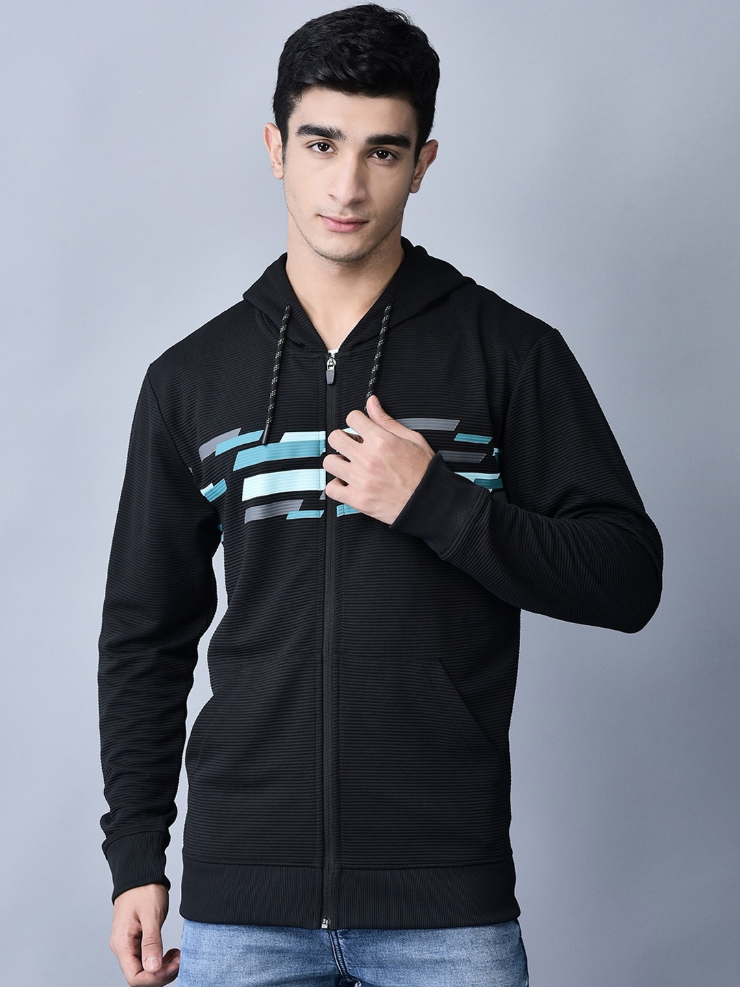 

Shiv Naresh Geometric Printed Hooded Sporty Jacket, Black