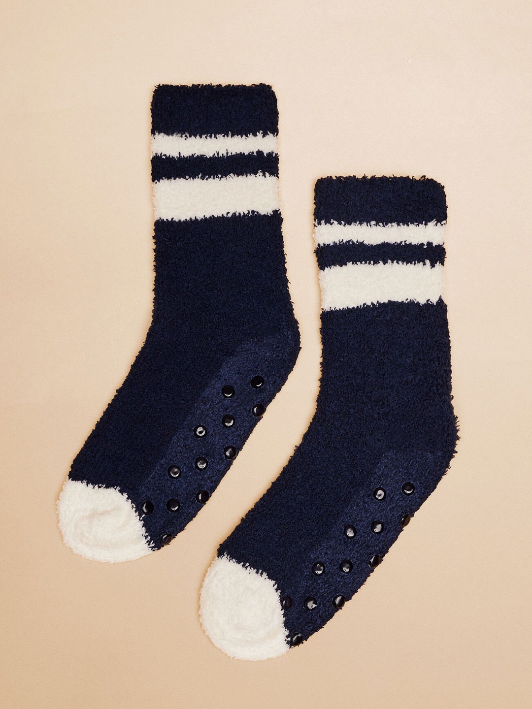 

women'secret Women Self Design Striped Calf Length Socks, Navy blue