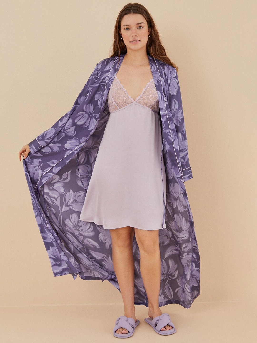 

women'secret Front Tie-Up Printed Maxi Robe, Purple