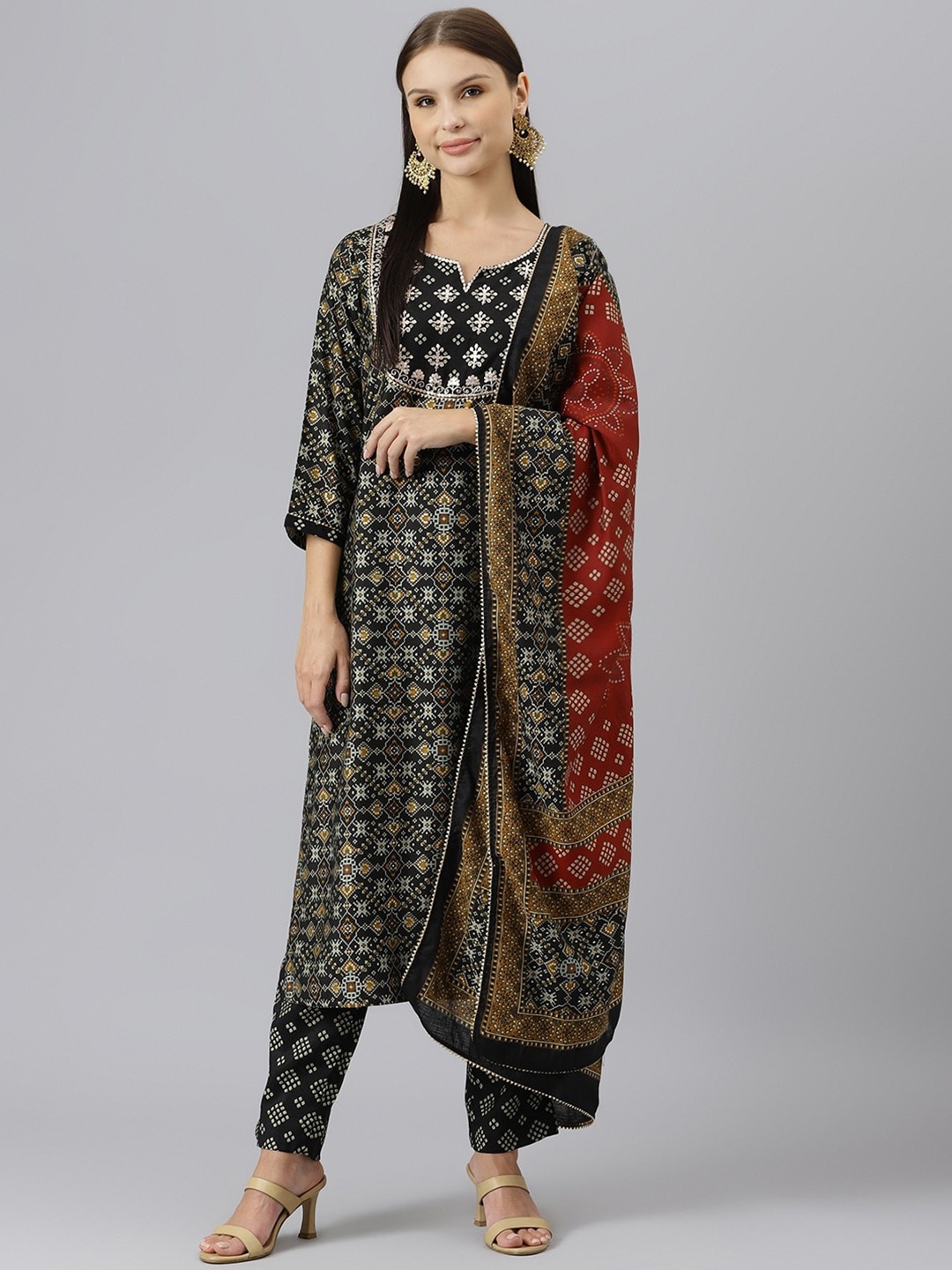 

KALINI Ethnic Motifs Printed Thread Work Kurta With Trousers & Dupatta, Black