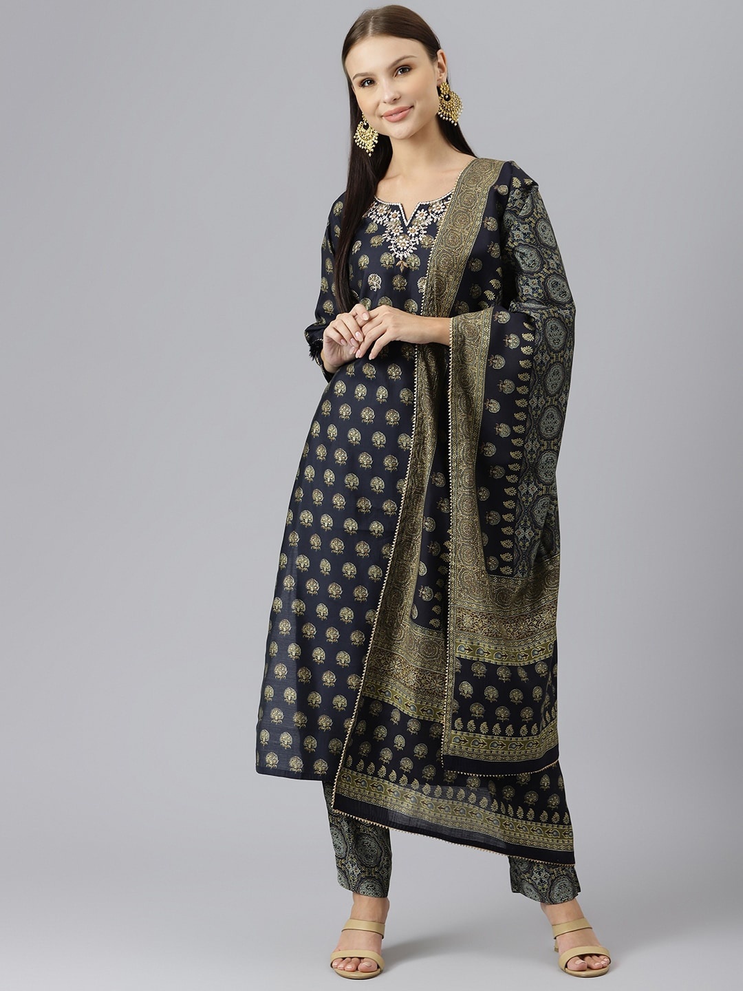 

KALINI Ethnic Motifs Printed Thread Work Kurta With Trousers & Dupatta, Blue