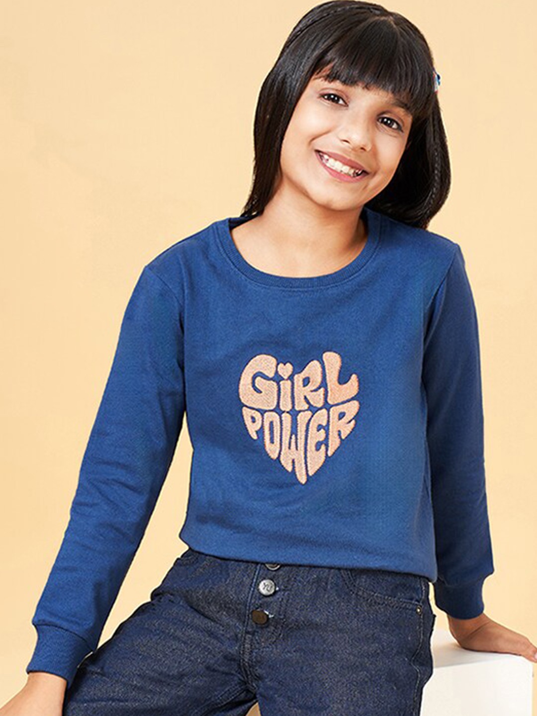 

YU by Pantaloons Girls Typography Printed Cotton Sweatshirt, Navy blue