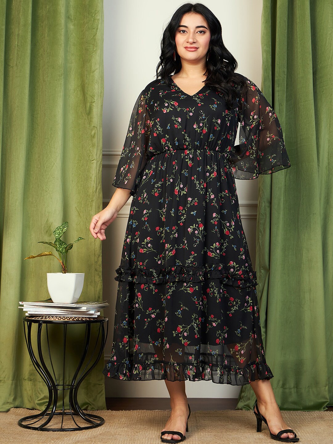 

CURVE BY KASSUALLY Floral Printed Gathered Or Pleated Fit & Flare Maxi Dress, Black