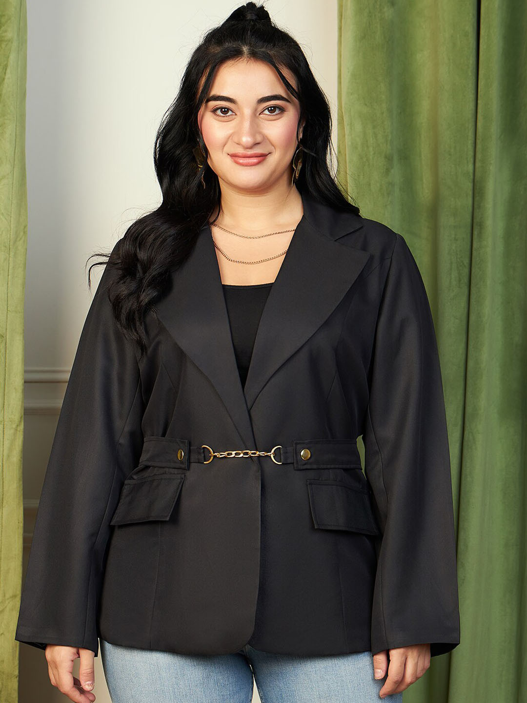 

CURVE BY KASSUALLY Notched Lapel Front Open Blazer, Black