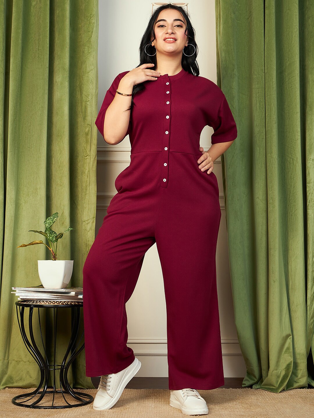 

CURVE BY KASSUALLY Round Neck Basic Jumpsuit, Maroon