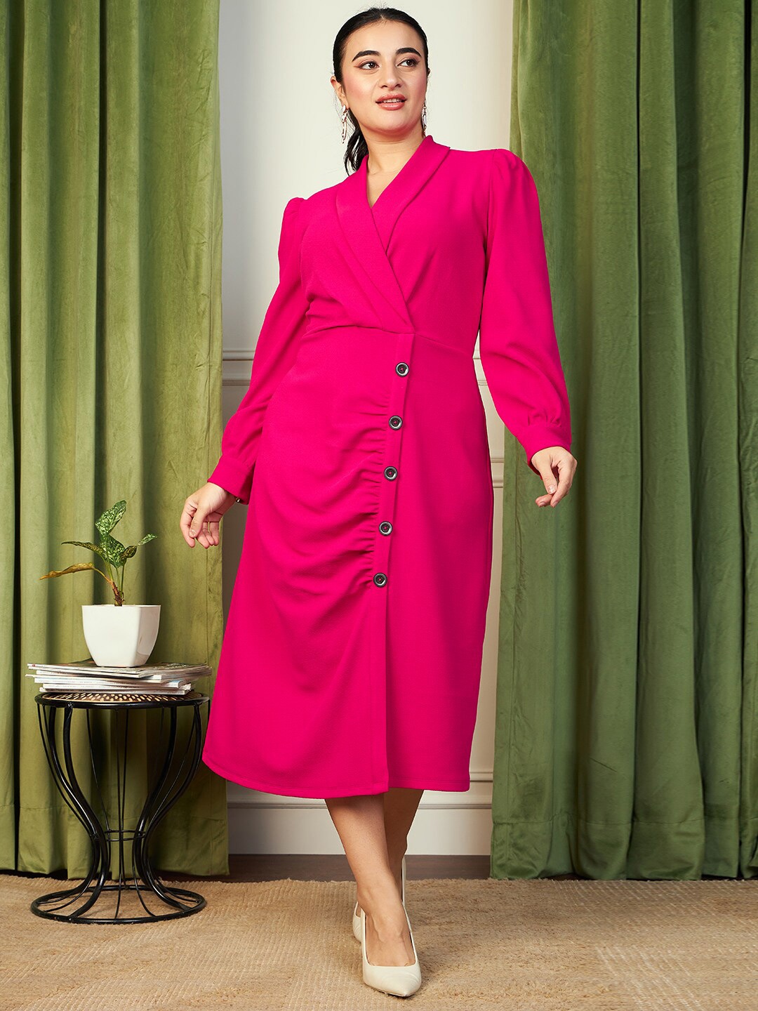 

CURVE BY KASSUALLY Puff Sleeves Gathered Or Pleated A Line Midi Dress, Fuchsia