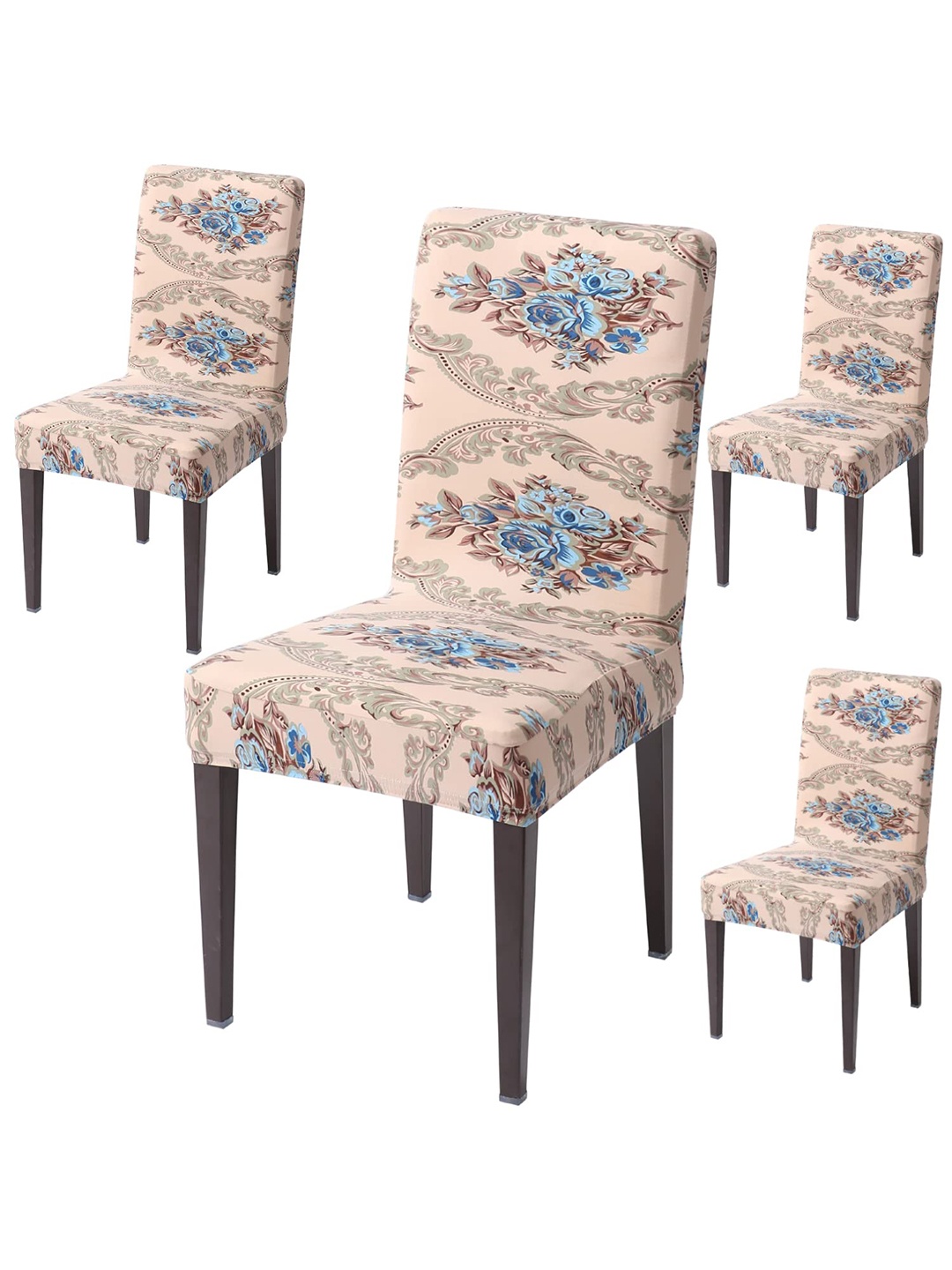 

HOKIPO 4-Piece Beige & Blue Printed Stretchable Chair Covers