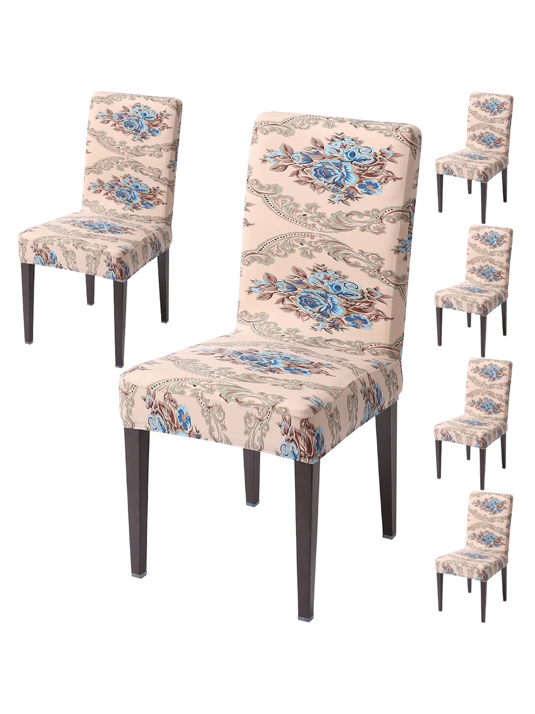 

HOKIPO 6-Piece Beige & Blue Printed Stretchable Chair Covers