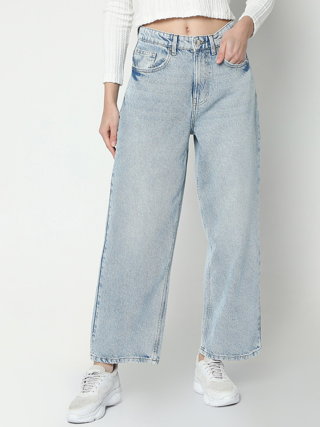 

R&B Women Clean Look Wide Leg High-Rise Cotton Jeans, Blue