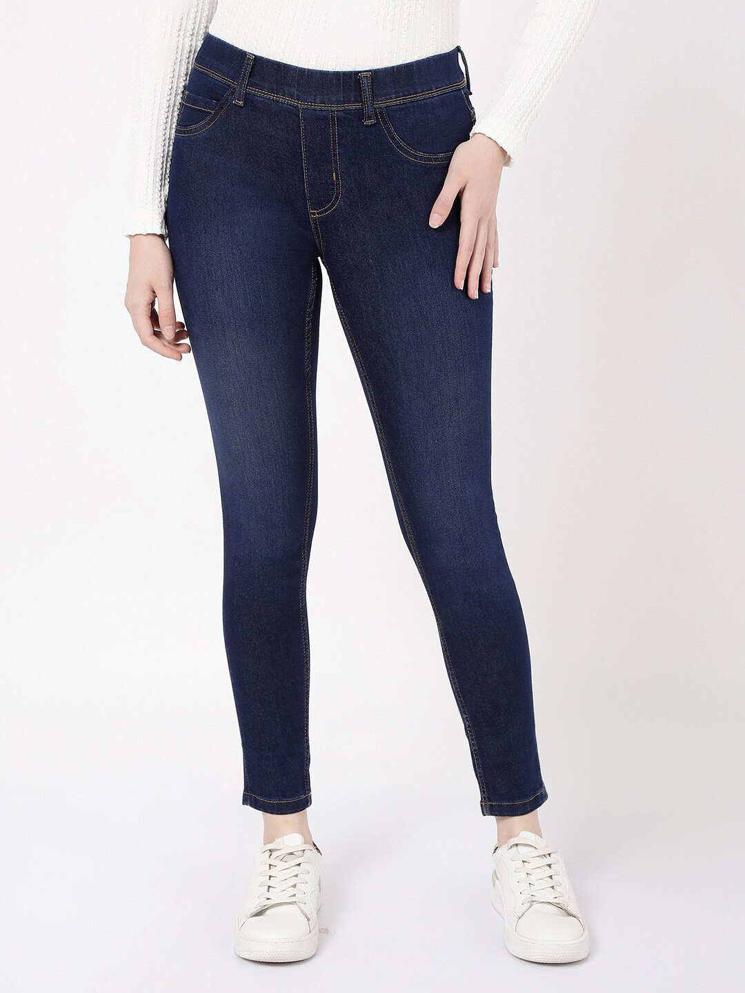 

R&B Women Skinny Fit Mid-Rise Cotton Jeggings, Navy blue