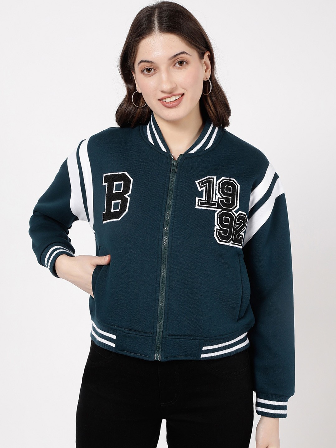 

R&B Printed Cotton Varsity Jacket With Zip Detail, Teal