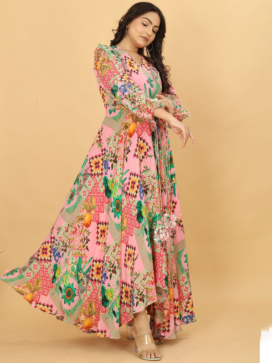 

POSHAAK BY RADHEE MANGUKIYA Ethnic Motifs Printed Flared Fit & Flared Maxi Dress, Pink