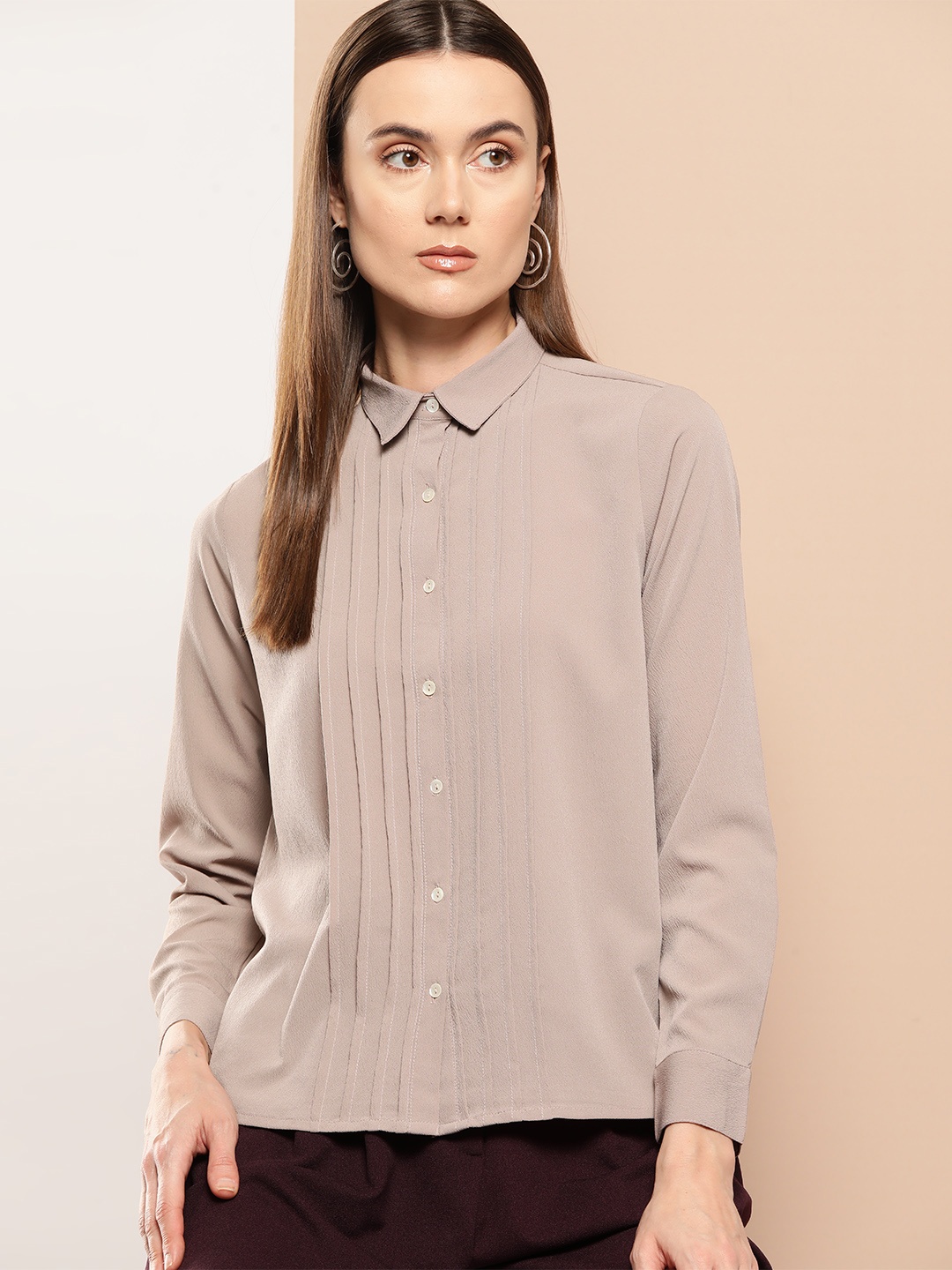 

INVICTUS Pin Tucks Crepe Semiformal Shirt, Taupe