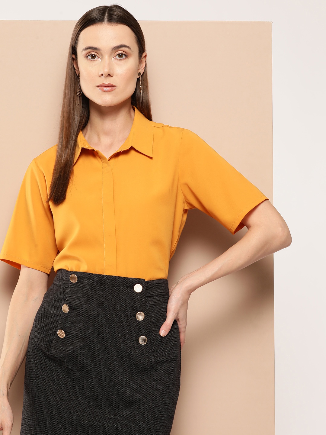

INVICTUS Concealed Button Placket Semiformal Shirt, Mustard