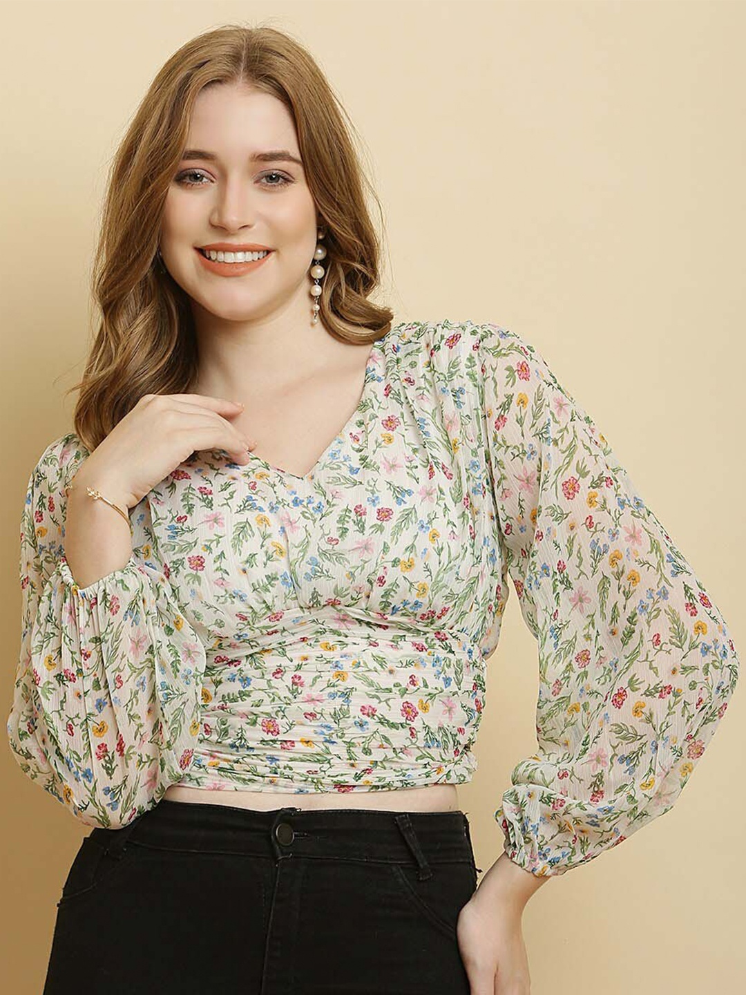 

HERE&NOW White Floral Print Chiffon Crop Top, Off white