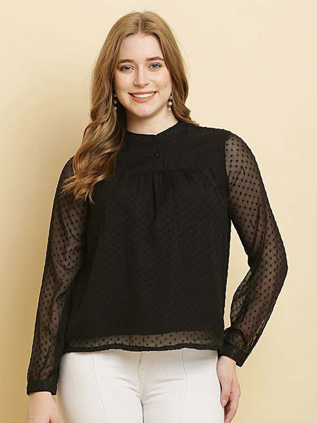 

HERE&NOW Geometric Self Design Cuffed Sleeves Top, Black