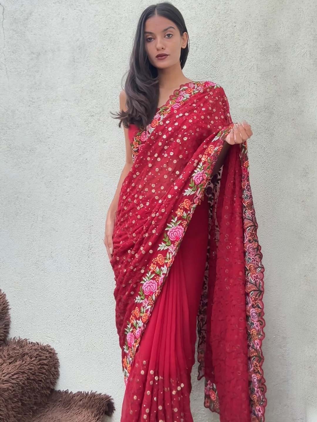 

ODETTE Floral Embroidered Saree, Red