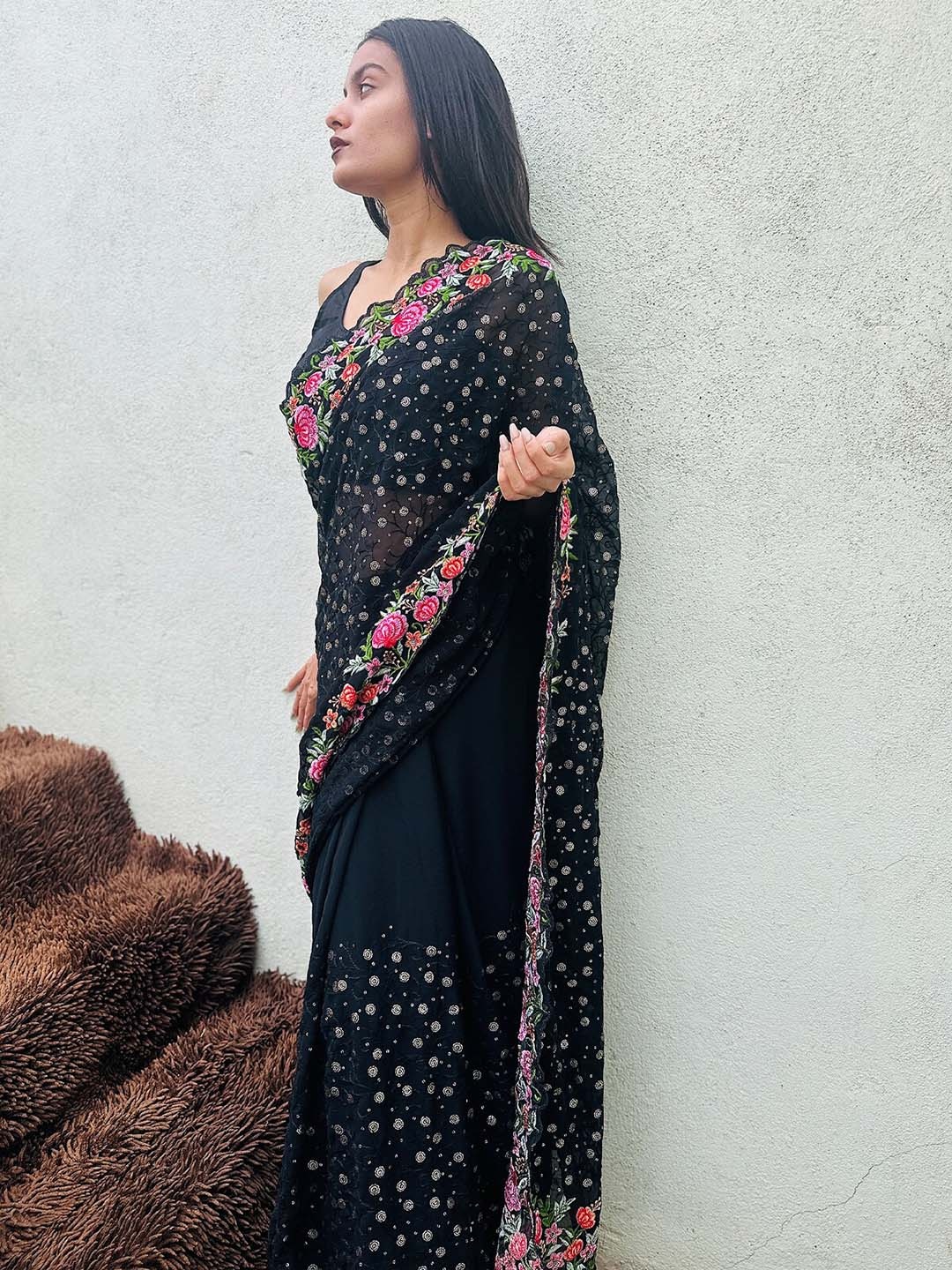 

ODETTE Floral Embellished Sequinned Saree, Black
