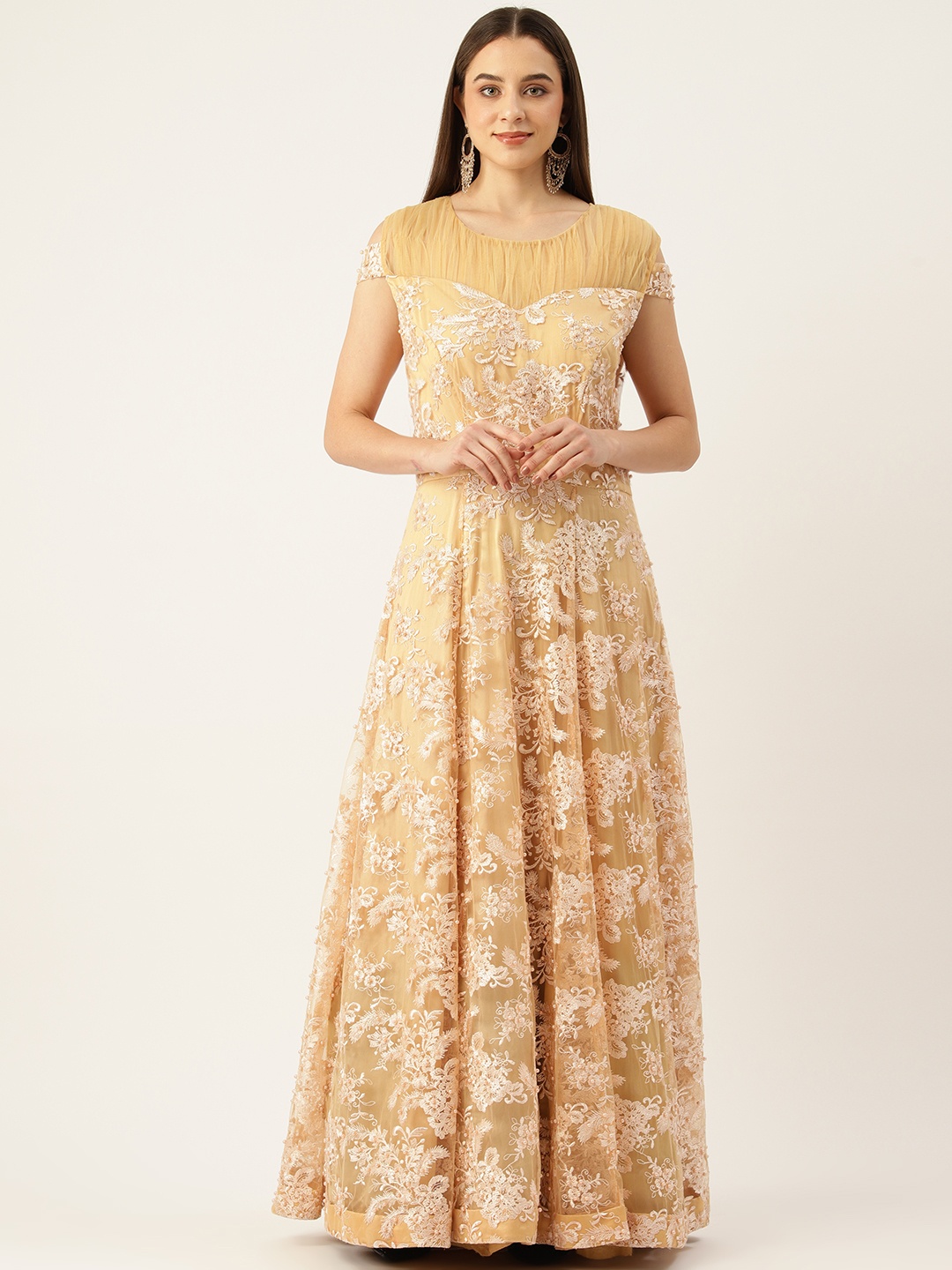 

Simaaya Floral Embroidered Cold-Shoulder Sleeves Ethnic Gown, Gold