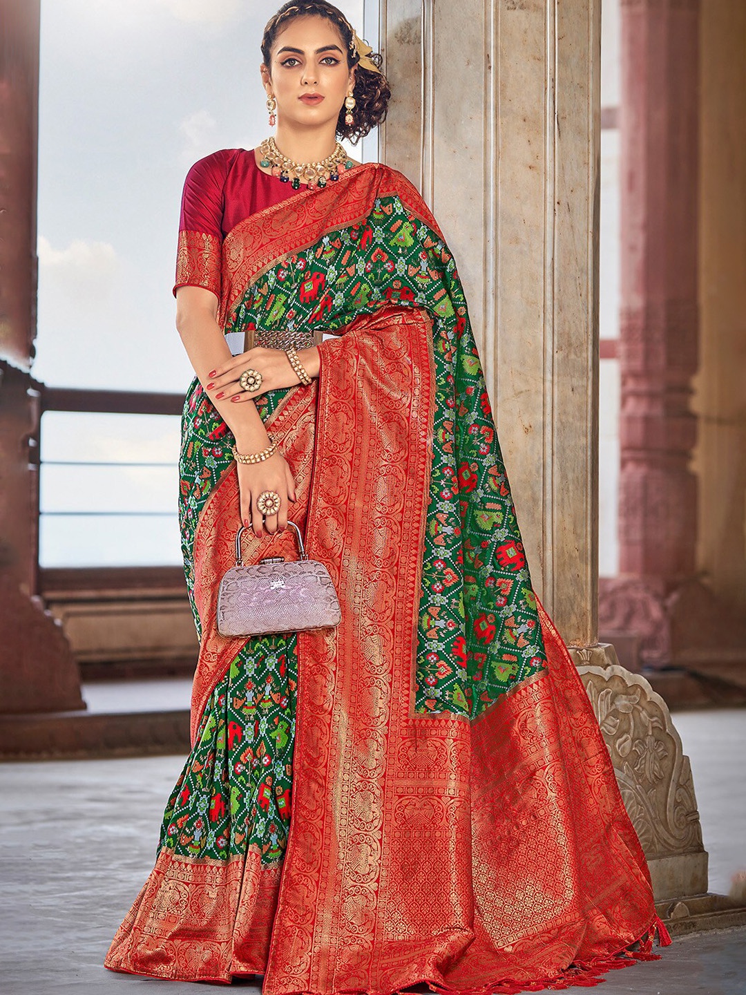 

DEVATITHI Ethnic Motifs Woven Design Zari Patola Saree, Green