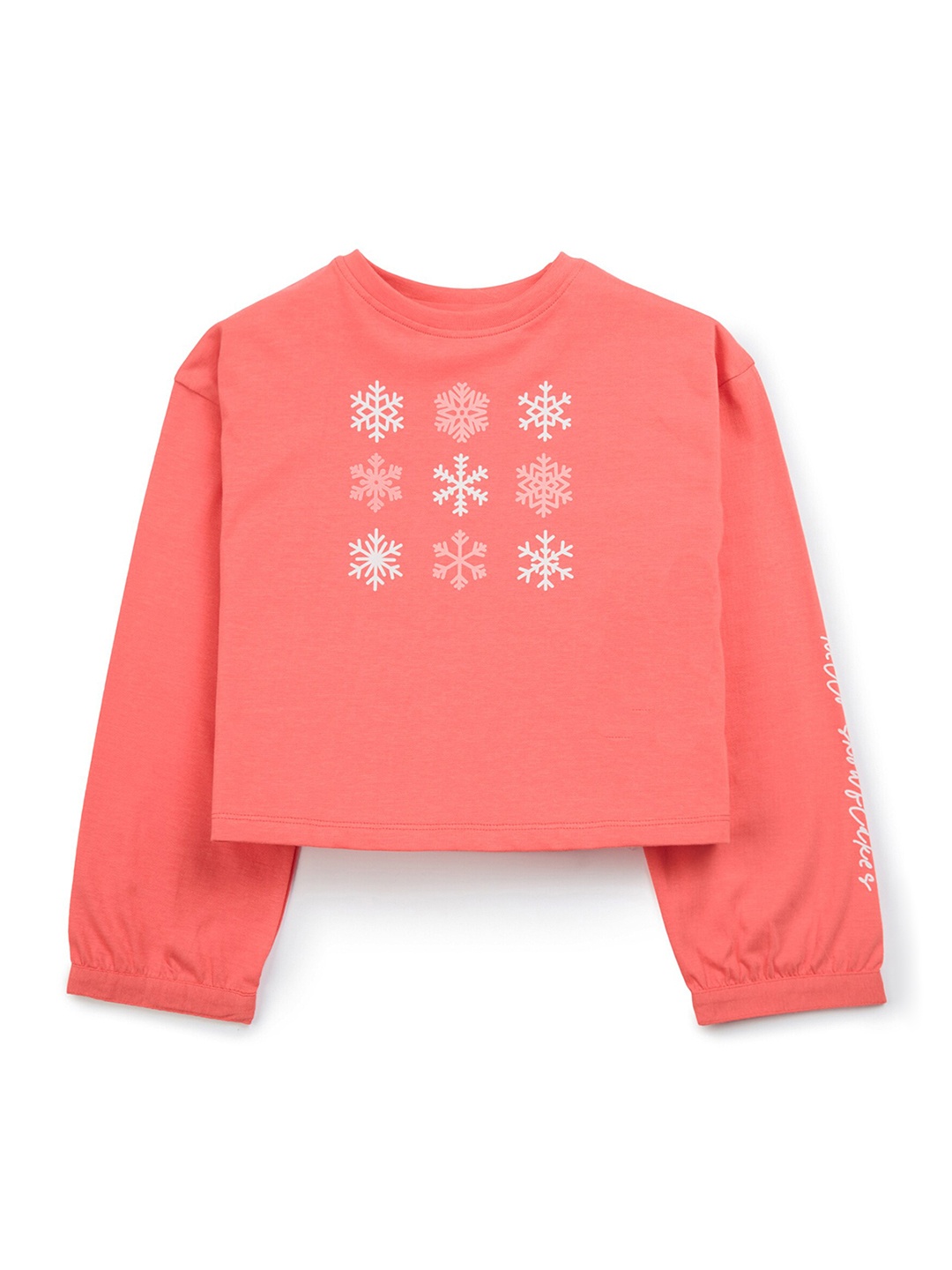 

My Milestones Girls Snow Flake Printed Drop Shoulder Sleeves Cotton Top, Coral