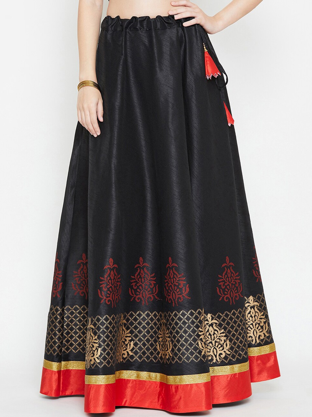 

studio rasa Ethnic Motifs Block Print Flared Maxi Skirts, Black