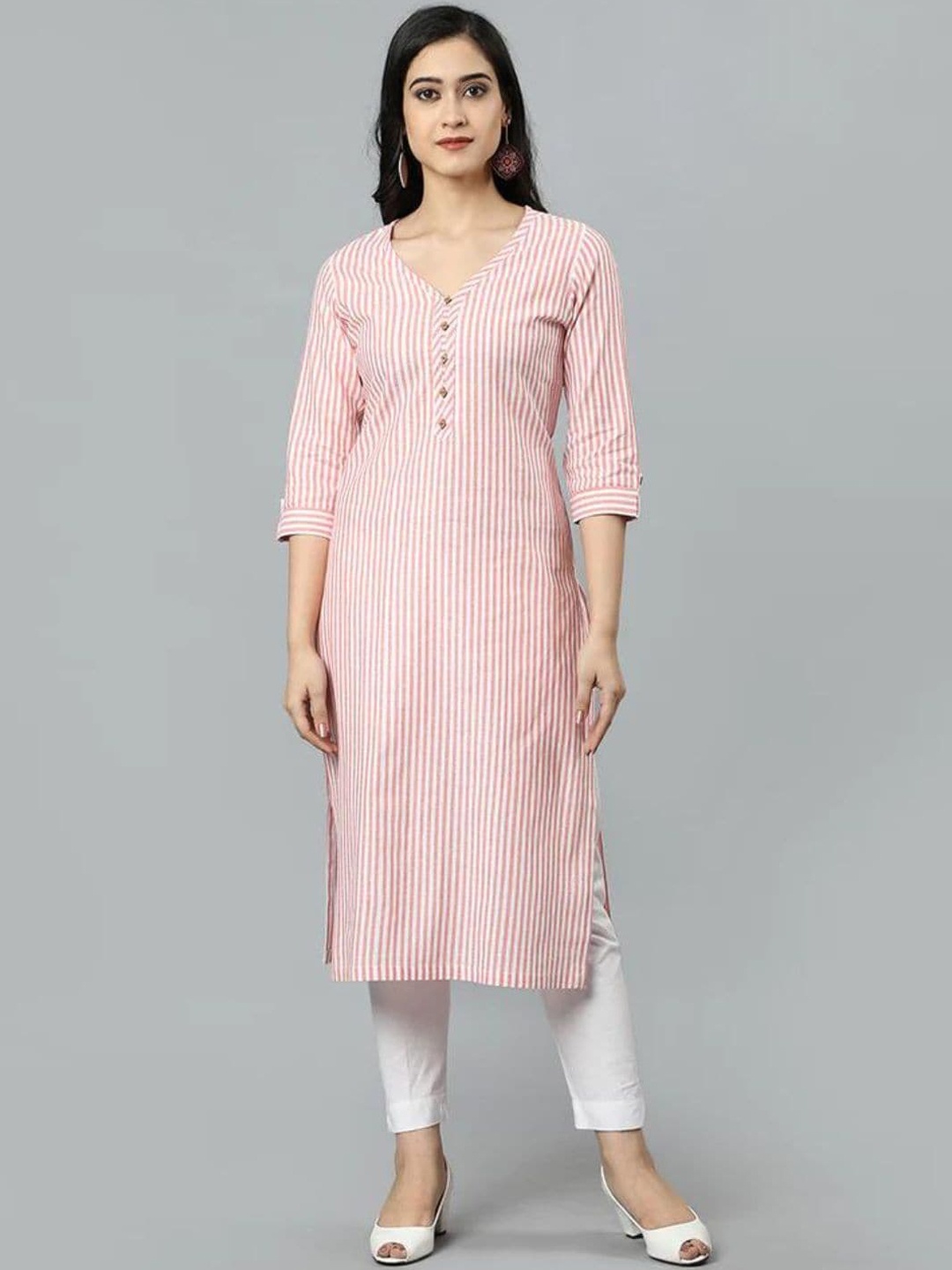 

Mera Rang Striped V-Neck Straight Kurta, Peach