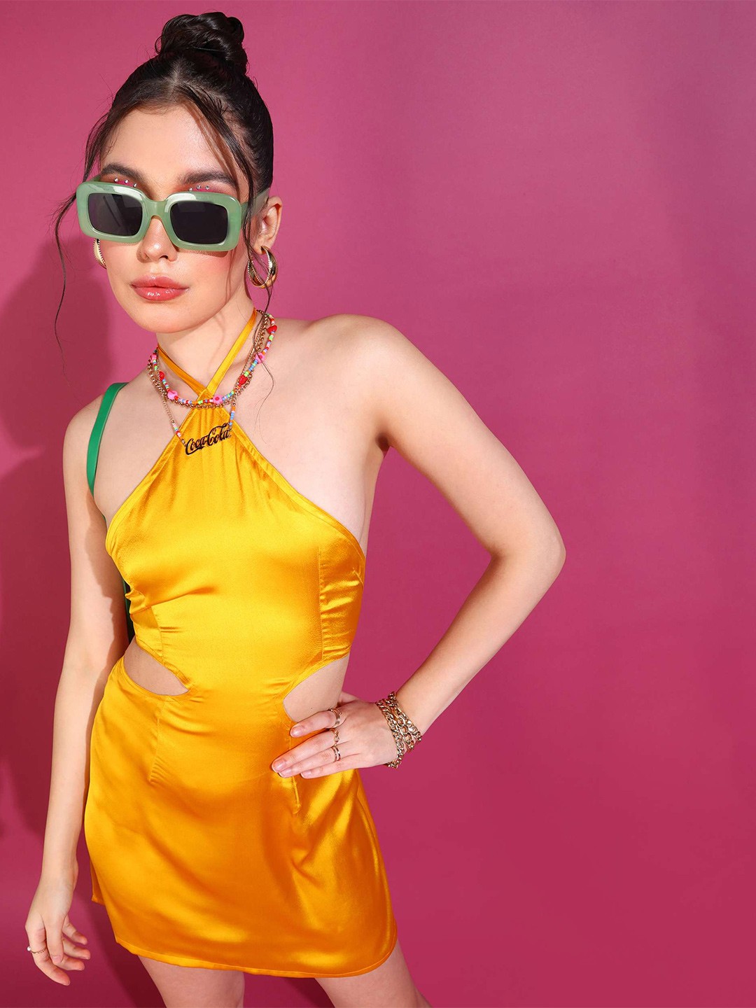 

Oomph! Halter Neck Satin Bodycon Mini Dress, Yellow