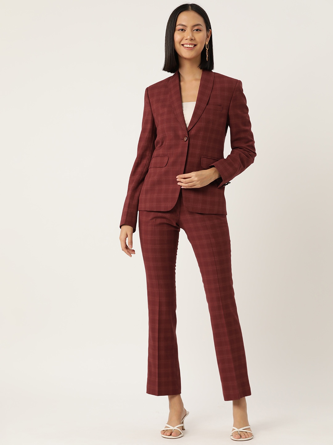 

Simaaya Checked Single-Breasted 2-Piece Linen Formal Suit, Maroon