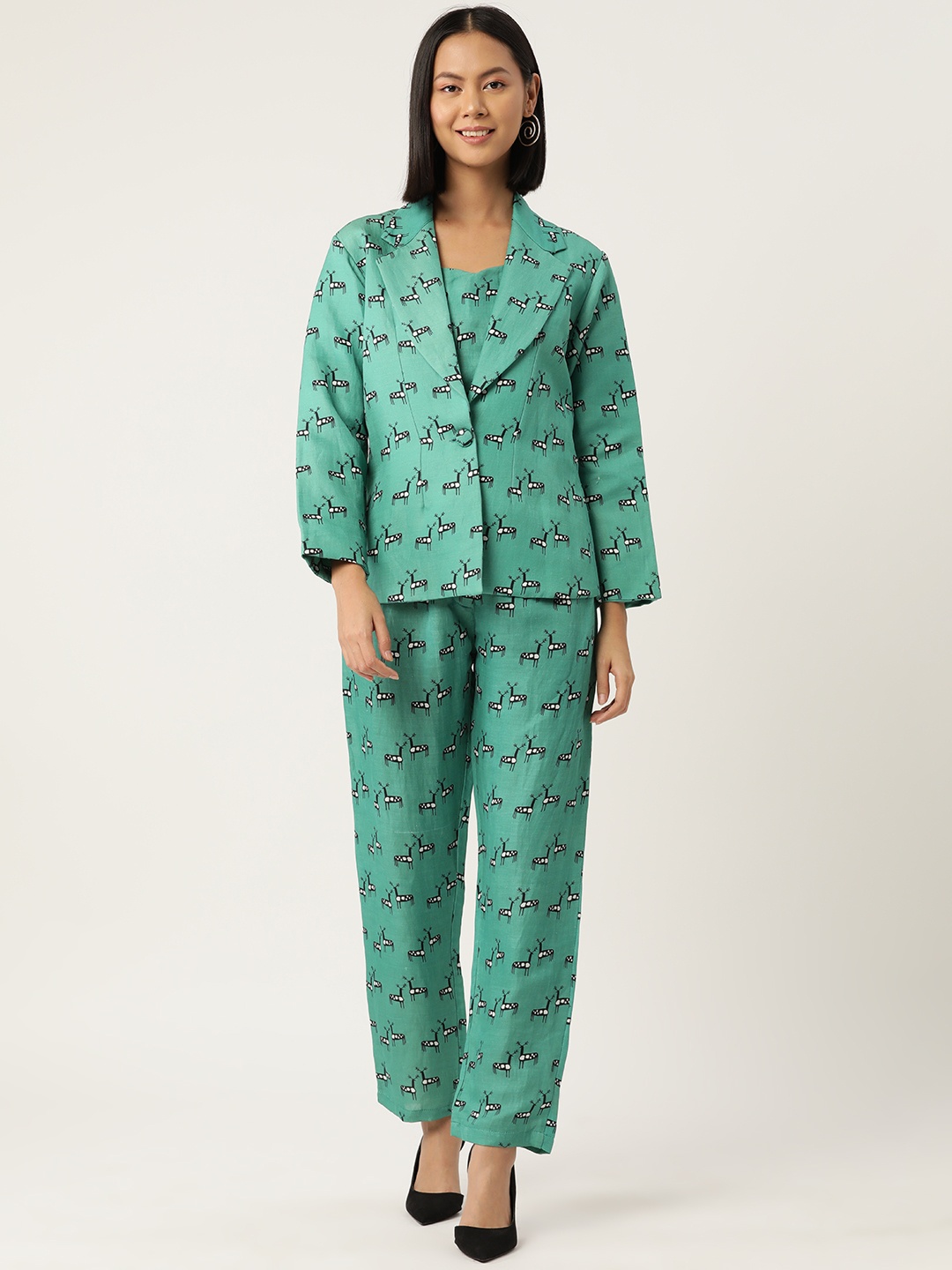 

Simaaya Women 3-Piece Printed Notched Lapel Single-Breasted Linen Suit, Green