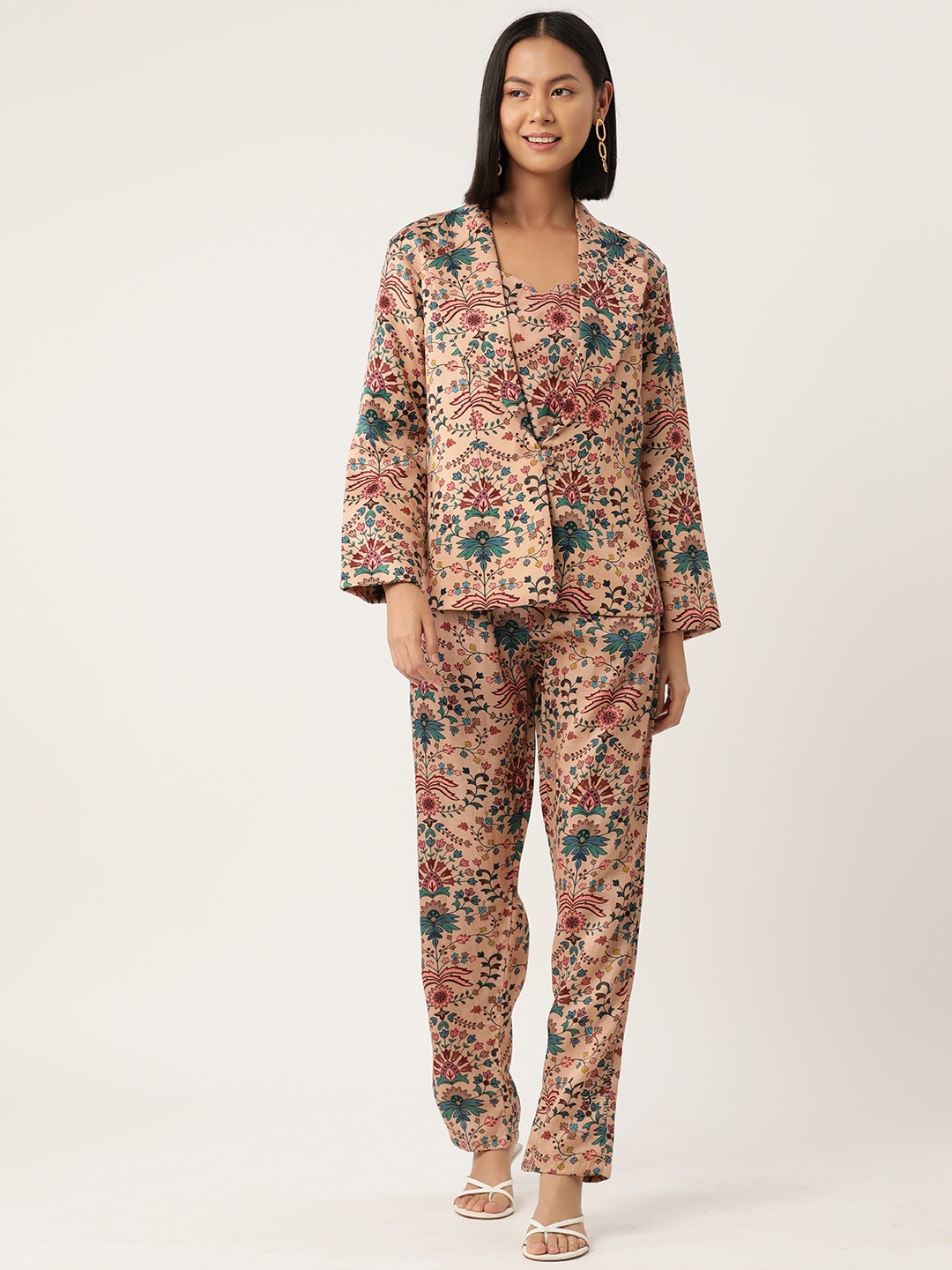 

Simaaya Women 3-Piece Printed Notched Lapel Single-Breasted Linen Suit, Beige