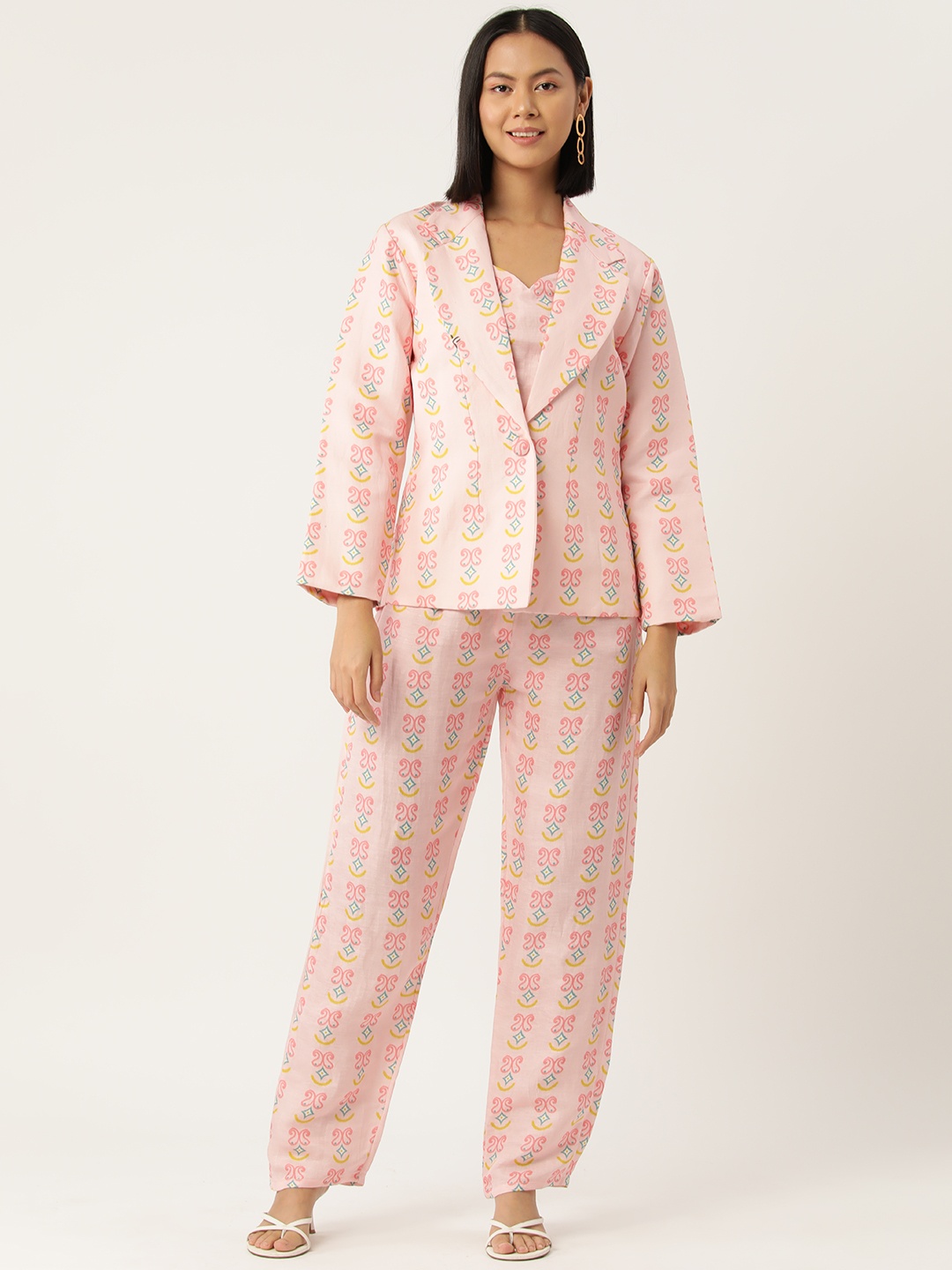 

Simaaya Printed Single-Breasted 3-Piece Linen Casual Suit, Pink