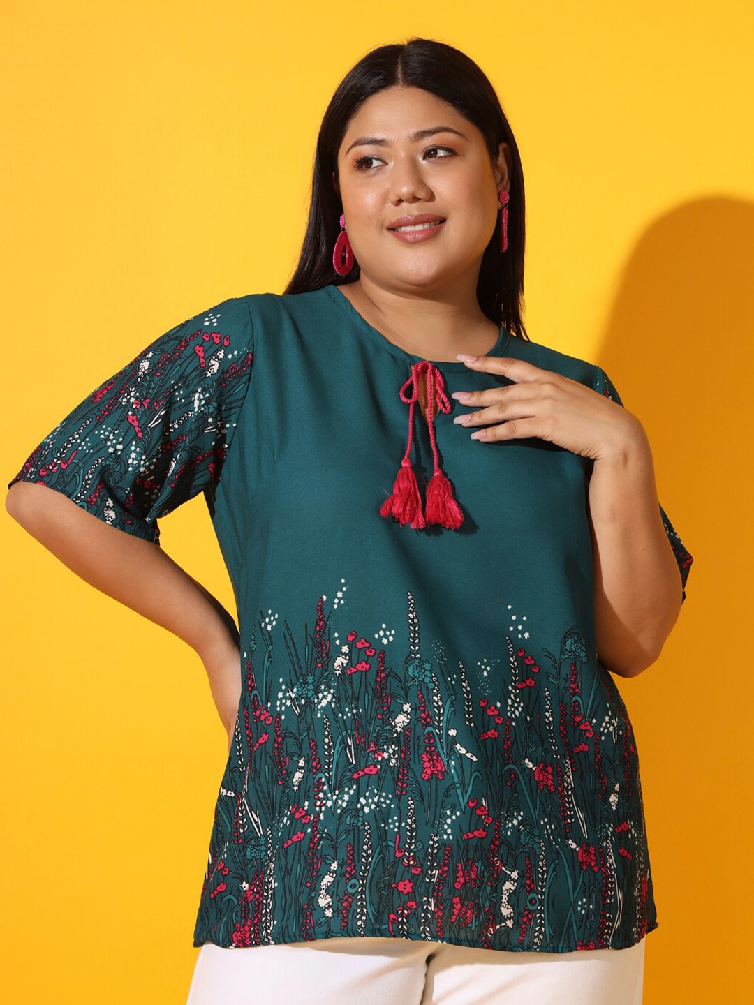 

AUSTIVO Plus Size Floral Printed Tie-Up Neck Top, Teal