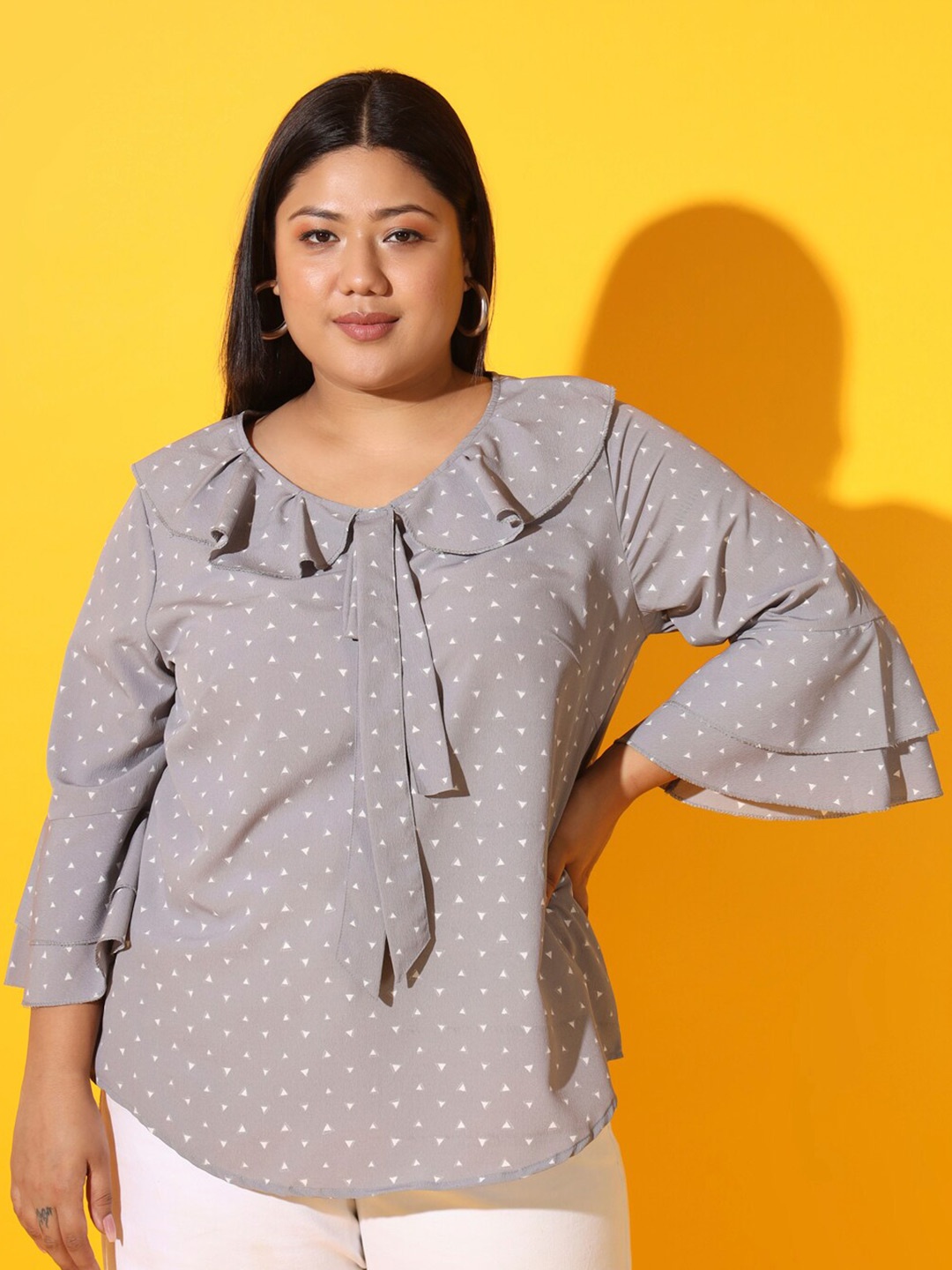 

AUSTIVO Plus Size Geometric Printed Bell Sleeve Ruffles Top, Grey