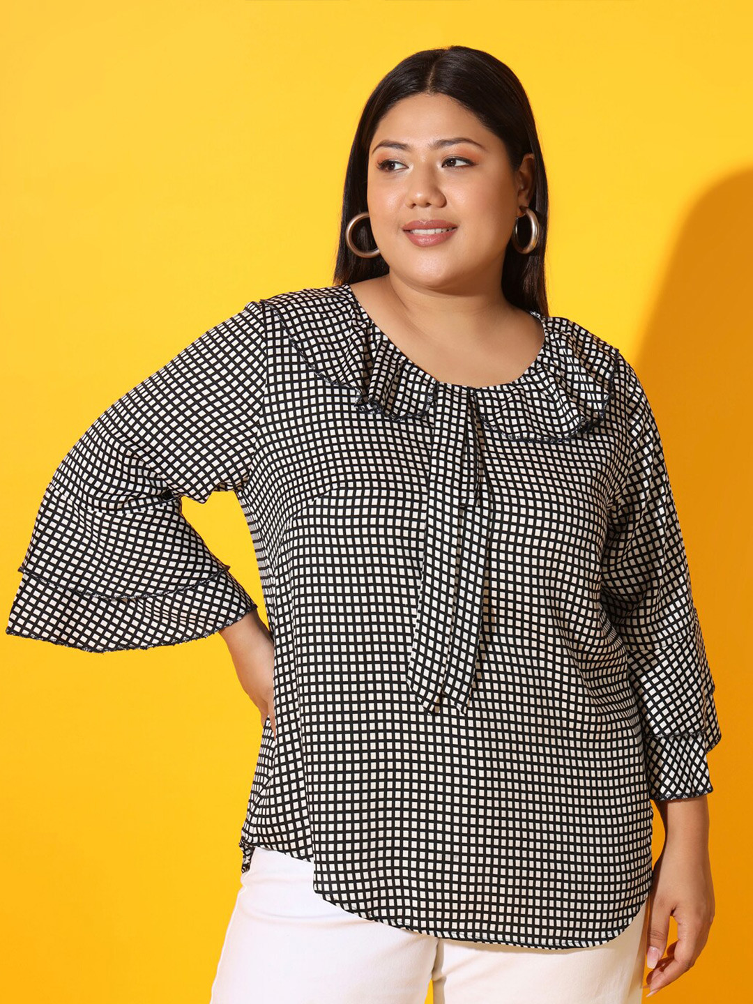 

AUSTIVO Plus Size Geometric Printed Bell Sleeve Ruffles Top, Black