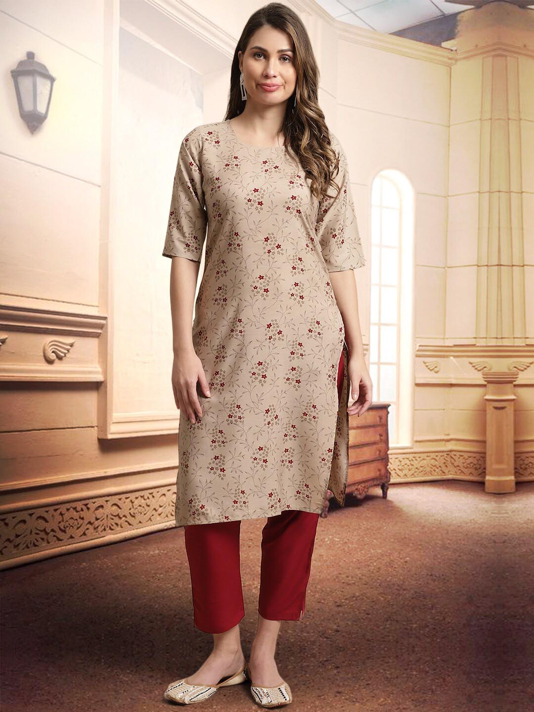 

arangya Floral Printed Straight Trousers, Beige