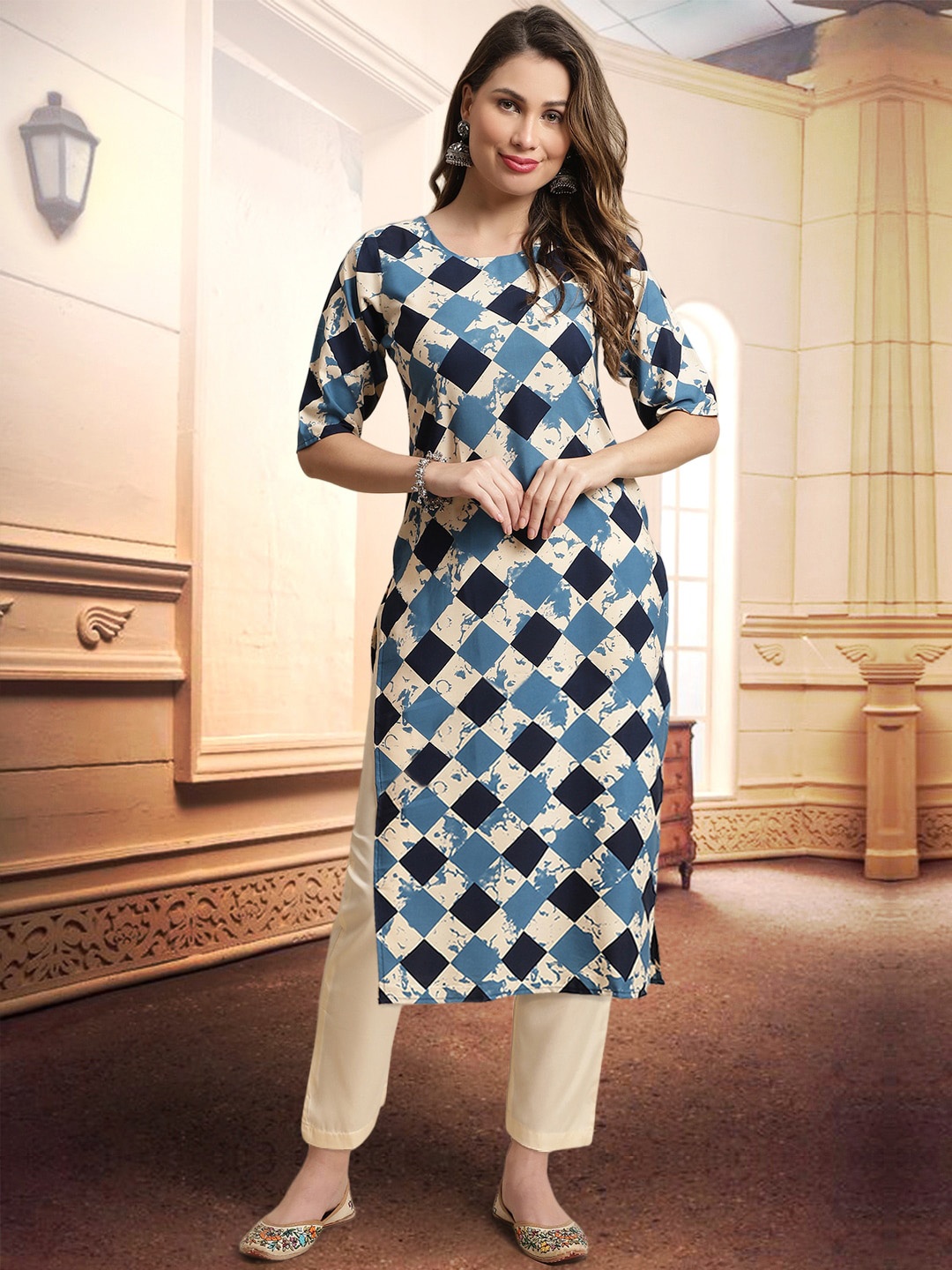 

arangya Geometric Printed Straight Kurta With Trousers, Blue