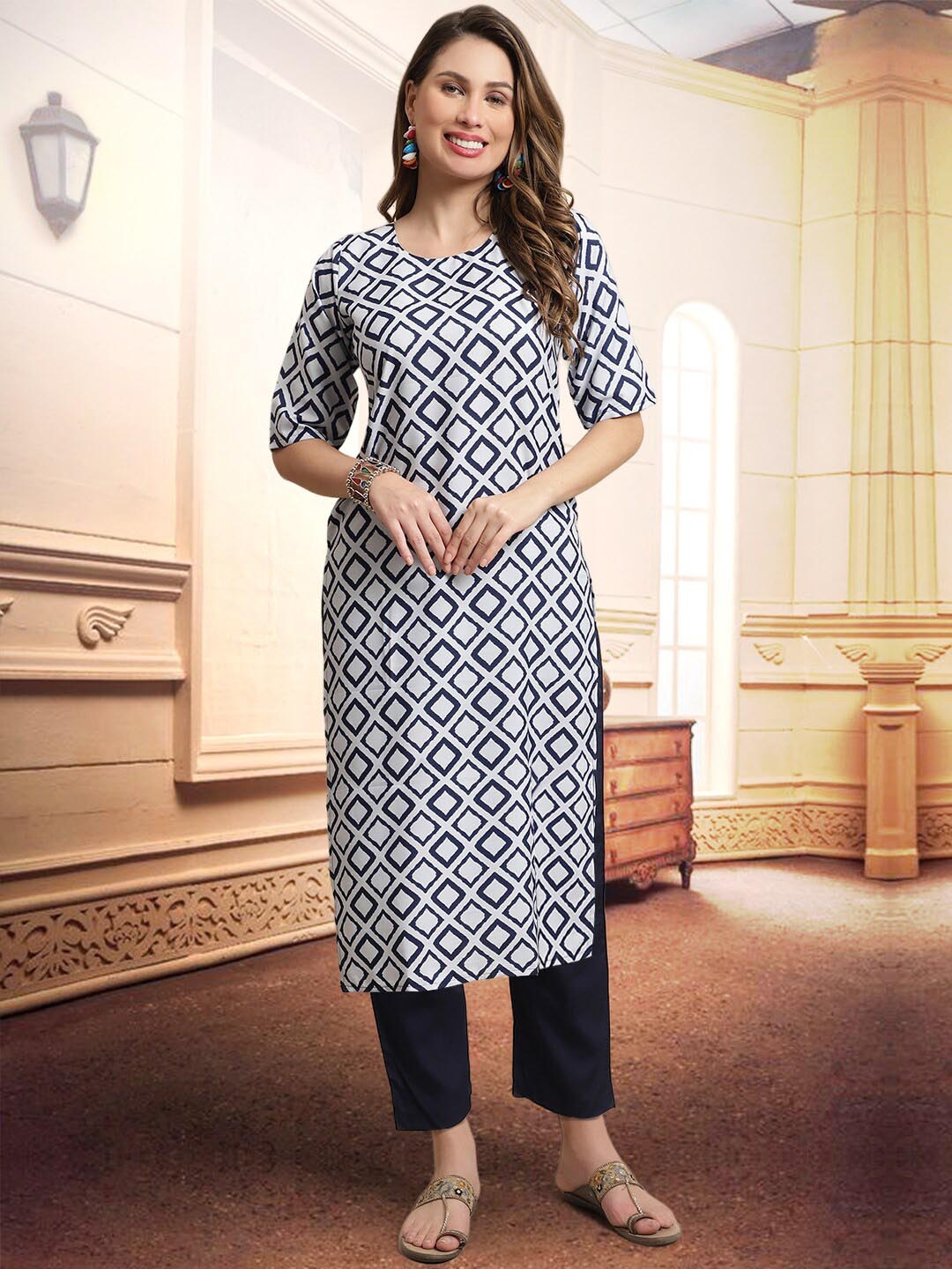 

arangya Ethnic Motifs Printed Regular Kurta With Trousers, Blue