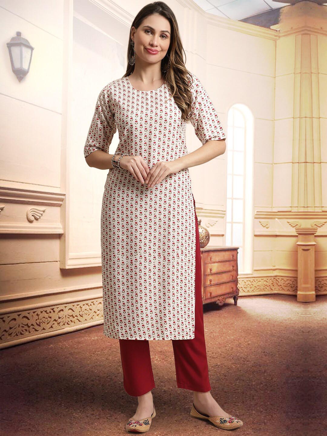 

arangya Floral Printed Regular Kurta Set, White