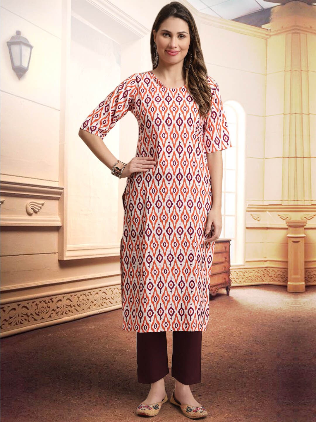 

arangya Ethnic Motifs Printed Straight Kurta With Trousers, Orange